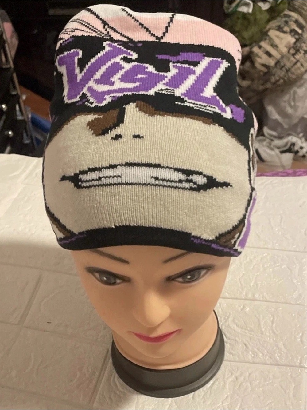 Graphic Knit Beanie Hat in Black, Purple and Cream